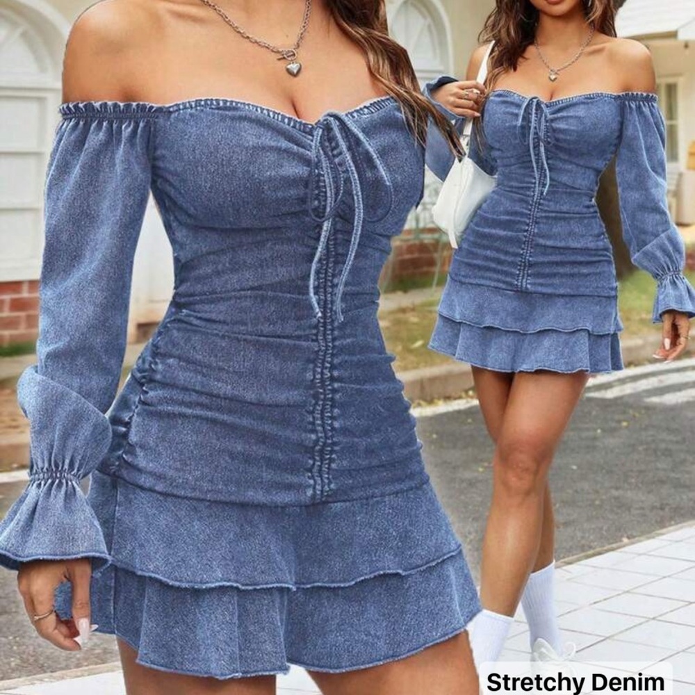 SHEIN Blue Off-Shoulder Long Sleeve Dress